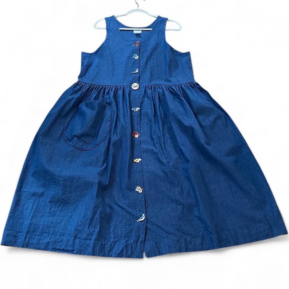 VINTAGE DOGWOOD LANE CHAMBRAY JUMPER DRESS WITH BIRD SHAPE BUTTONS BLUE SIZE L